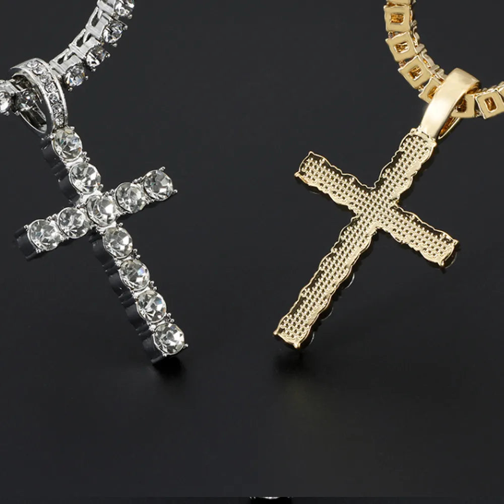 Men Hip Hop Cross Pendant Necklace with 4mm Zircon Chain Iced out Bling