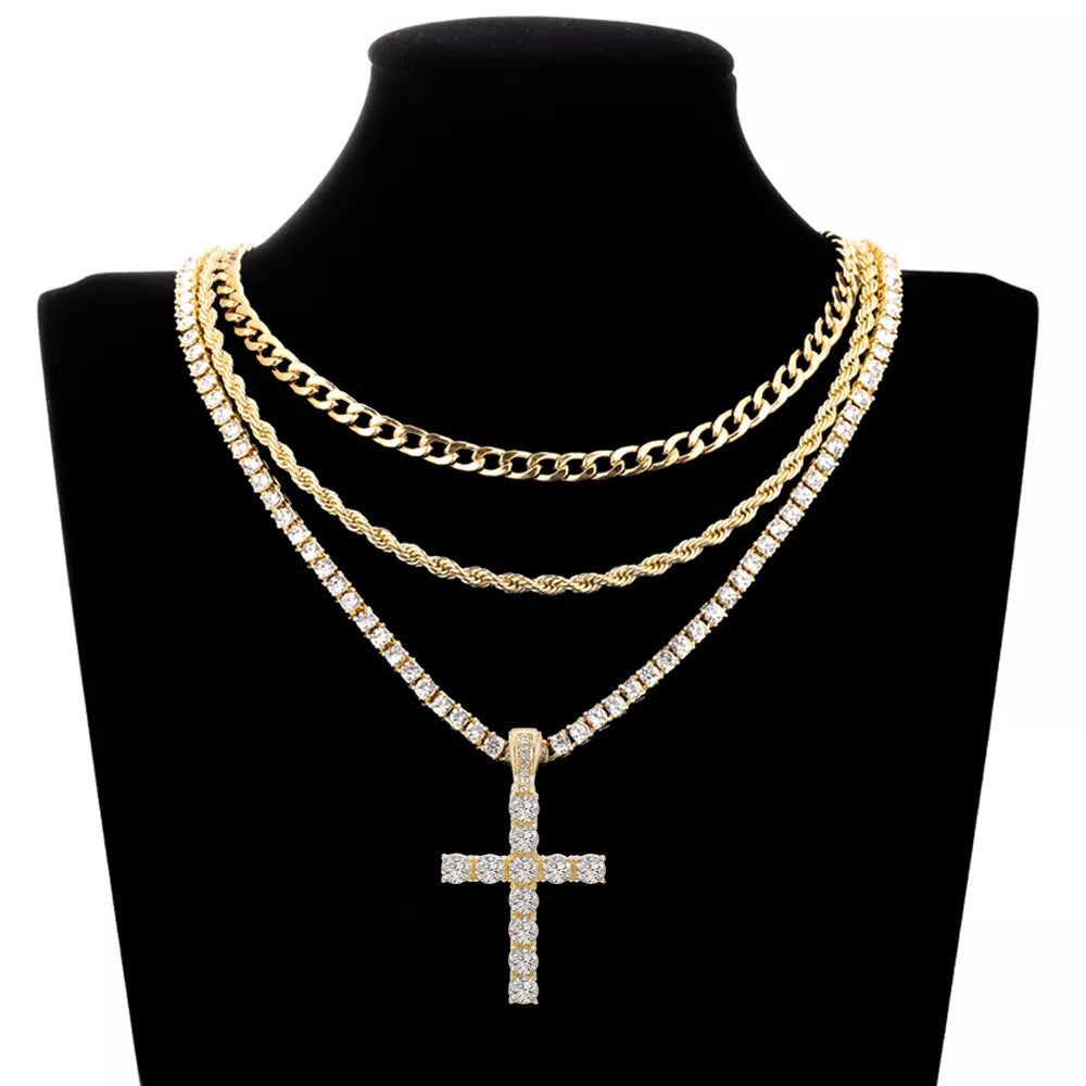 Men Hip Hop Cross Pendant Necklace with 4mm Zircon Chain Iced out Bling