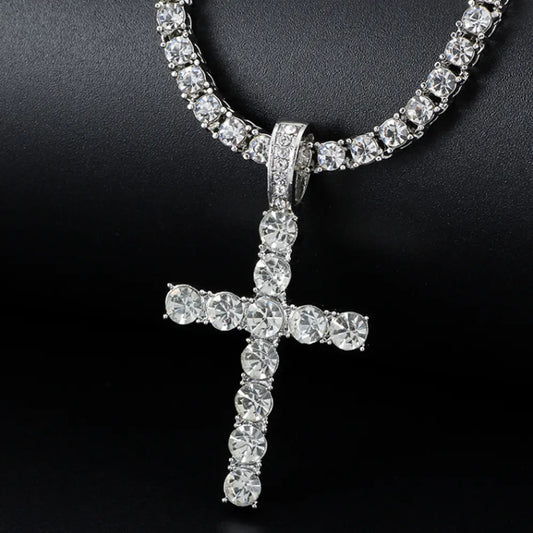 Men Hip Hop Cross Pendant Necklace with 4mm Zircon Chain Iced out Bling